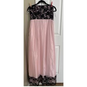 Jessica McClintock Pink Black Lace Strapless Formal Gown Dress Maxi Evening Prom